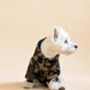 Westie sitting in beige background wearing camouflage jacket made by ciuciu