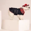 Westie sitting in beige background, wearing red plaid royal stewart christmas tam and jeans coat. ciuciu bestdograincoats