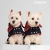 two Westies sitting in beige background, wearing red plaid royal stewart jeans coat. ciuciu bestdograincoats