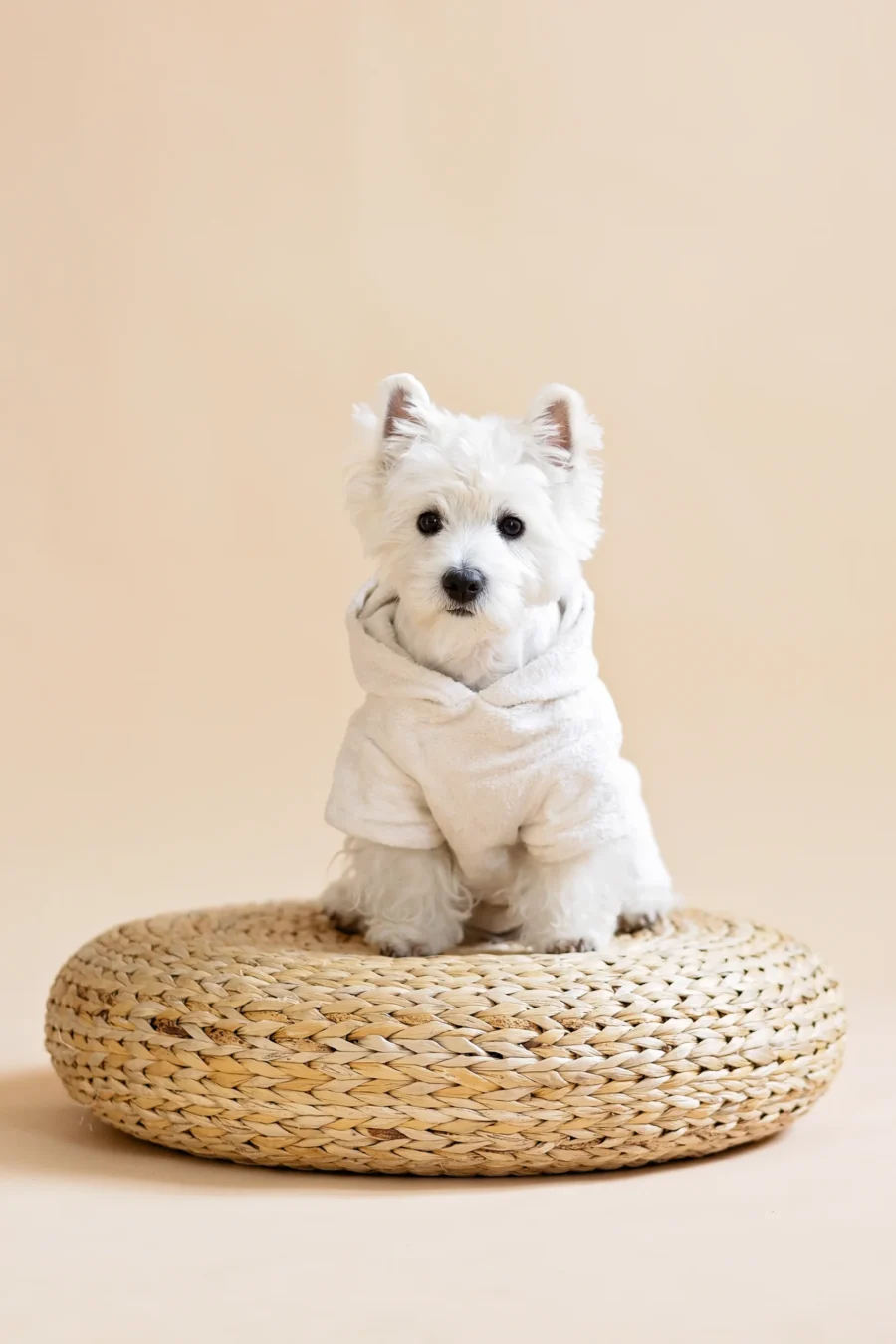 white dog wearing white bathrobe and sitting on wooden puff