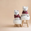 Two white dogs sitting on fur chairs wearing Waterproof Dog Coats With Plaid Hood or Collar