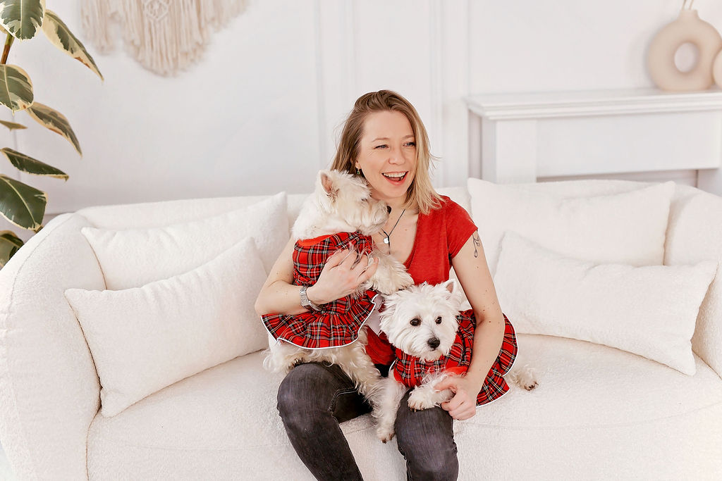 Small dog clothes brand CiuCiu founder with two westies. BEstDogRaincoats.com