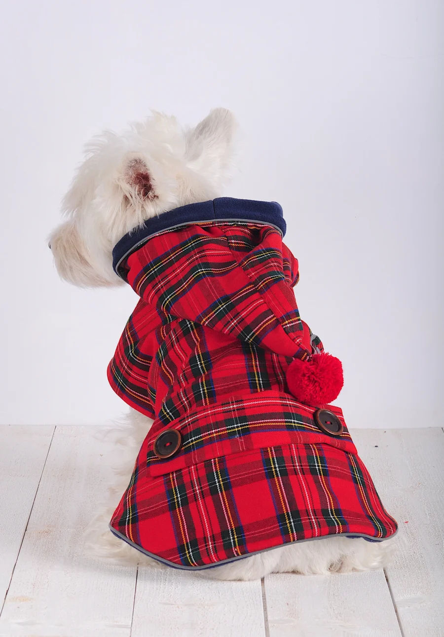 White Dog Westie sitting backwards and looking wearing Warm Plaid Dog Coat with Cupid Hood made by ciuciu