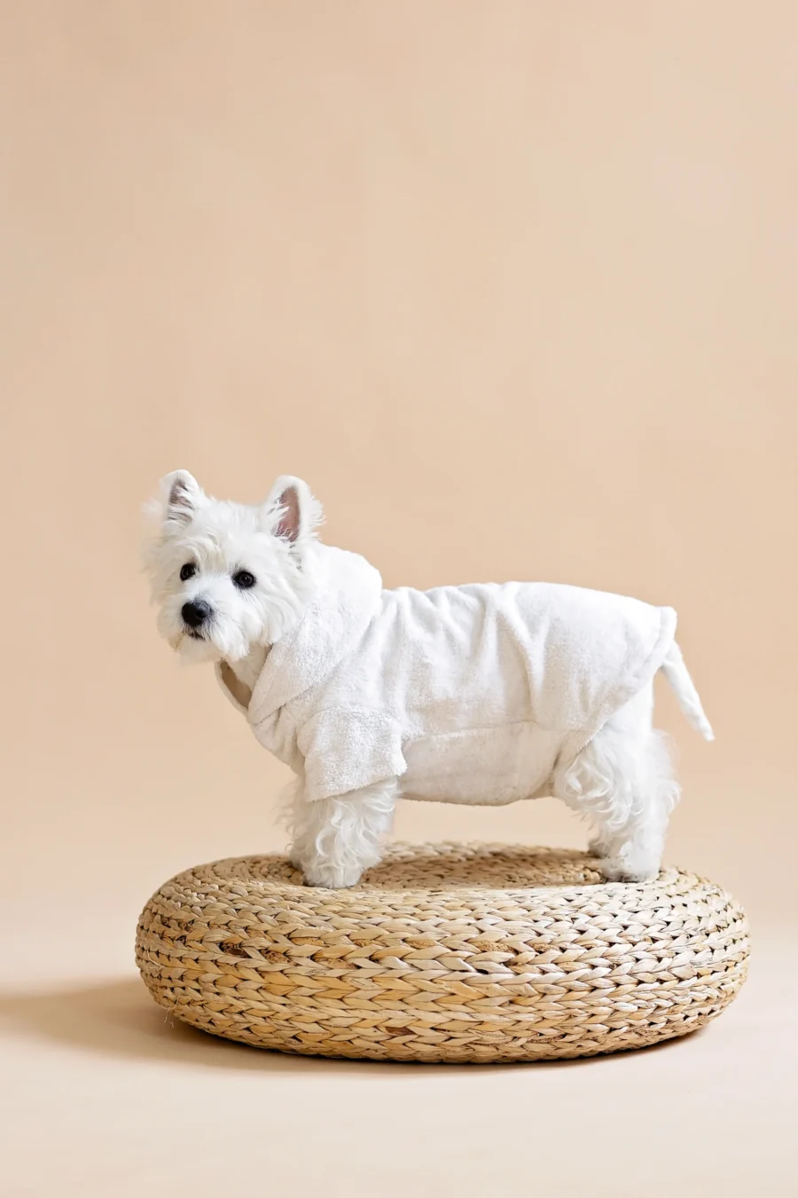 white dog wearing white bathrobe and standing on wooden puff sideways